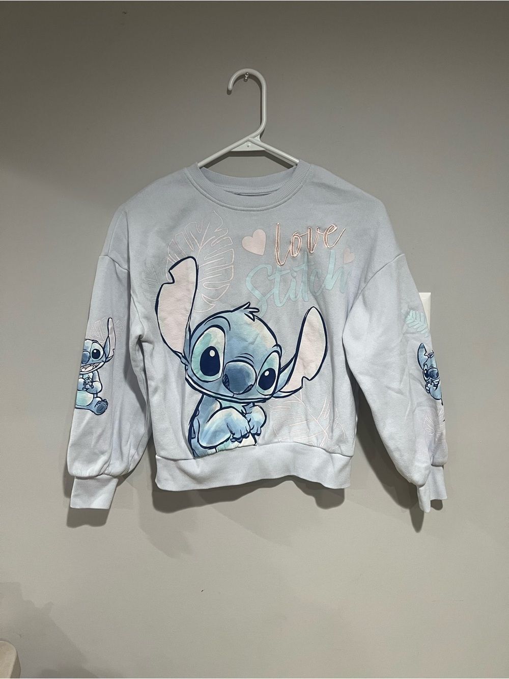 Disney Light Blue Stitch Graphic Kids Sweatshirt, size: L